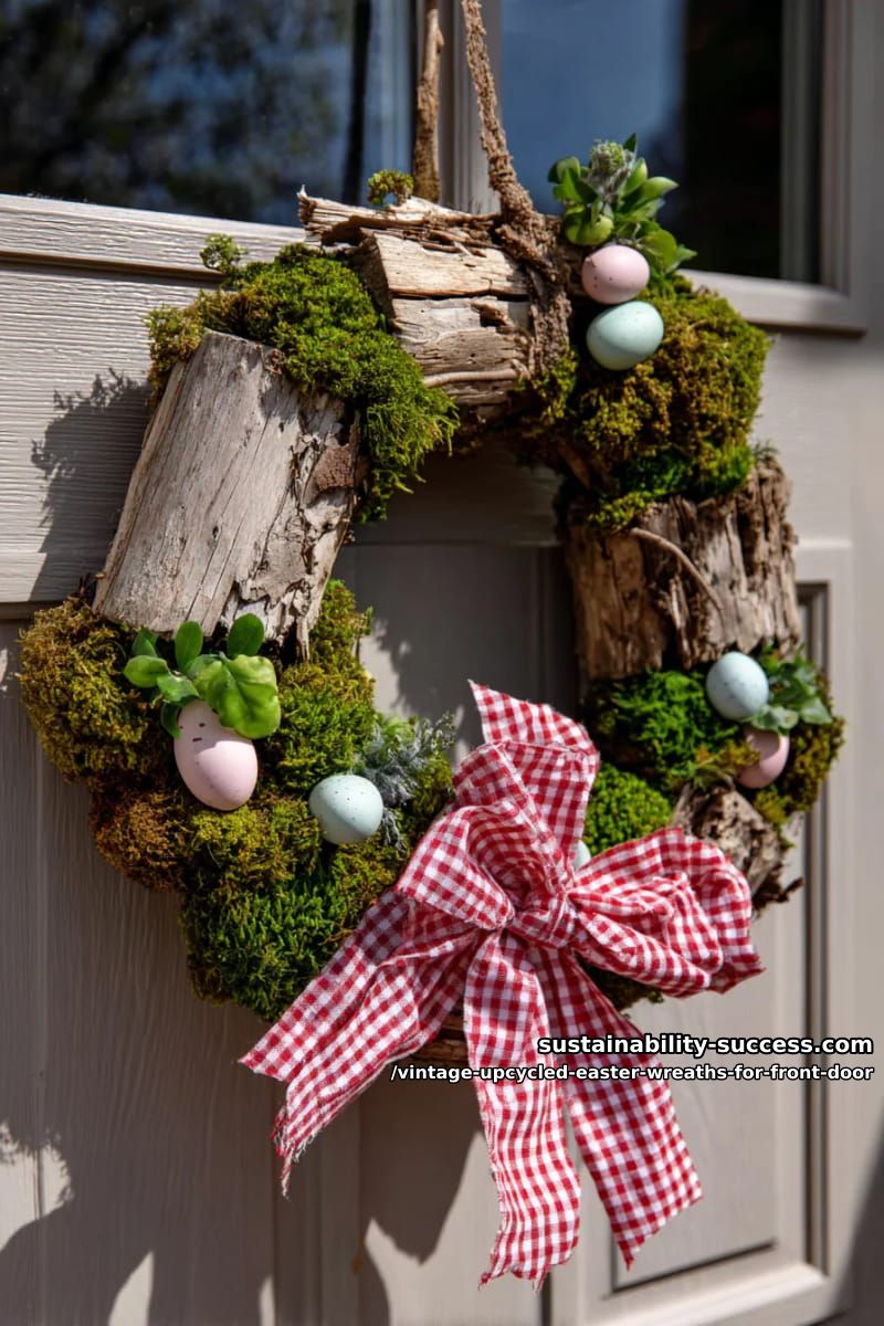 reclaimed wooden spool wreath with moss, eggs, and gingham bow 1