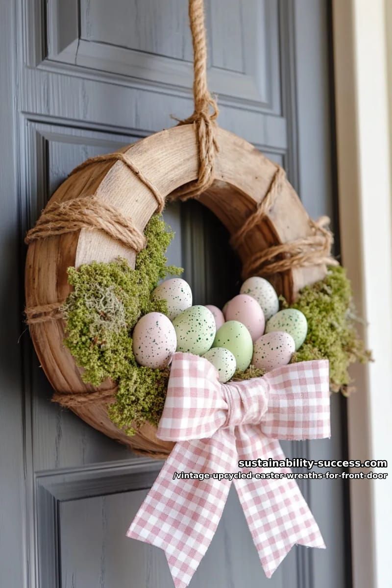 reclaimed wooden spool wreath with moss, eggs, and gingham bow 1