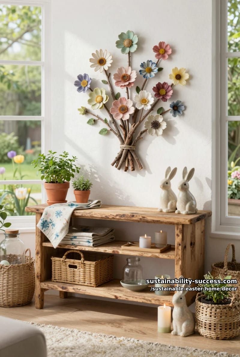 recycled egg carton flowers on a rustic branch for wall art 1
