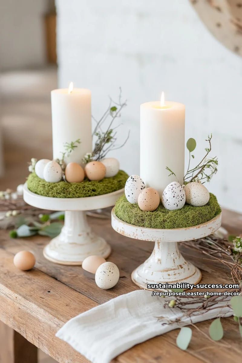 15 Repurposed Easter Home Decor For a Creative and Sustainable Celebration 27 repurposed cake stands layered with moss, eggs, and rustic candles 1