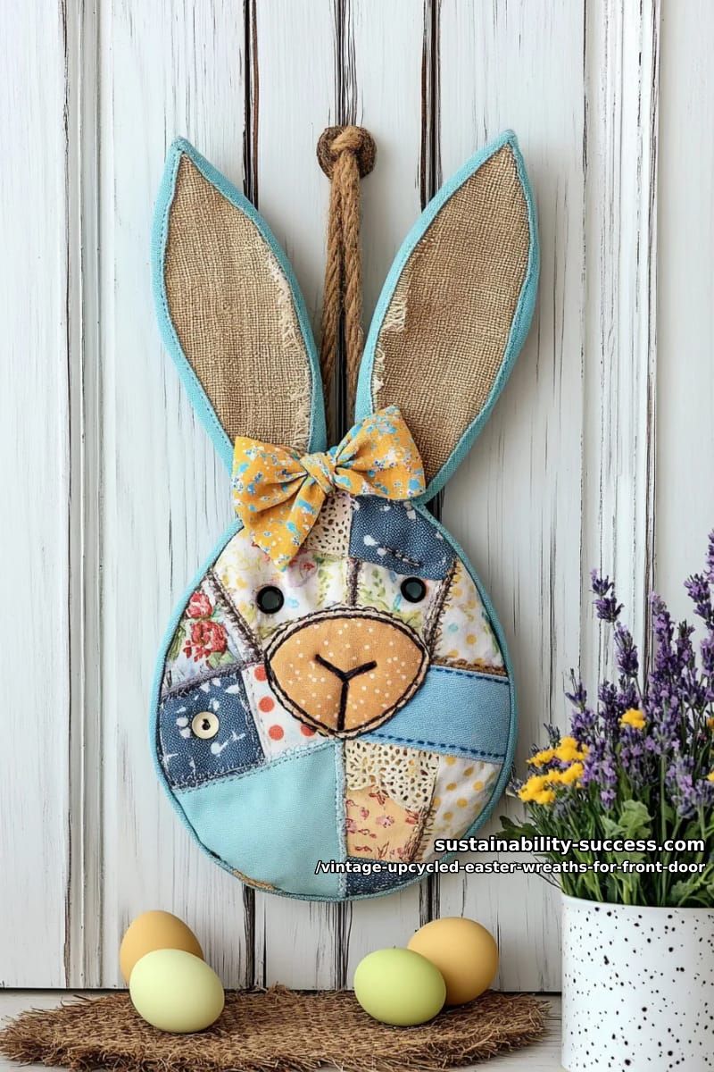 repurposed denim and pastel patchwork bunny-shaped door hanger 1