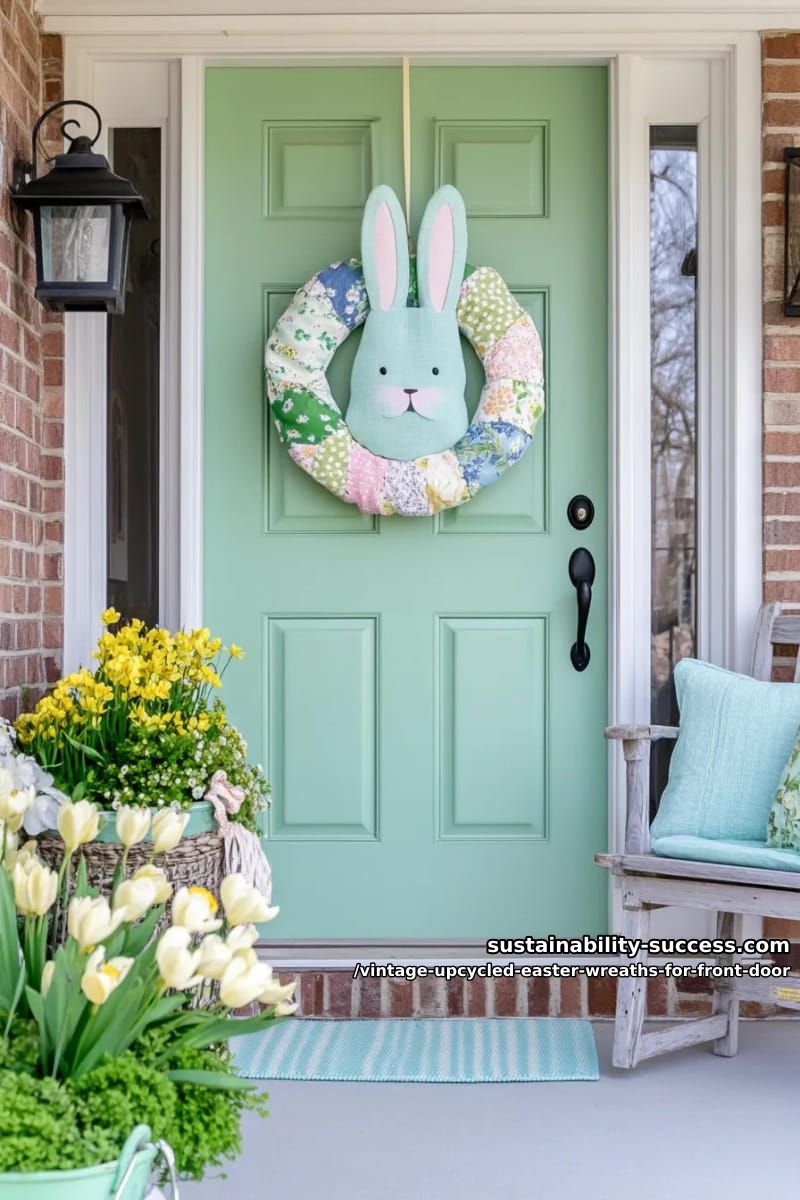 repurposed denim and pastel patchwork bunny-shaped door hanger 1