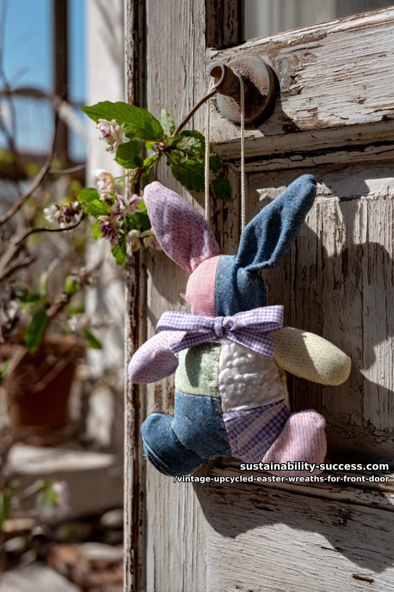 repurposed denim and pastel patchwork bunny-shaped door hanger 1