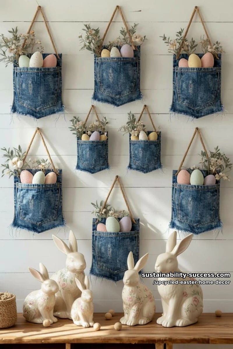 repurposed denim pocket wall hangings with pastel fabric eggs 4