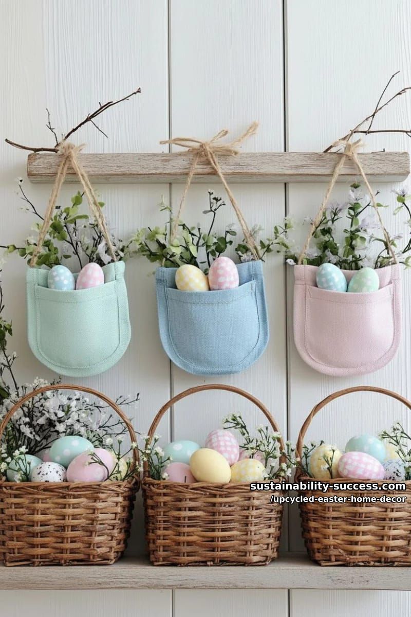 repurposed denim pocket wall hangings with pastel fabric eggs 1