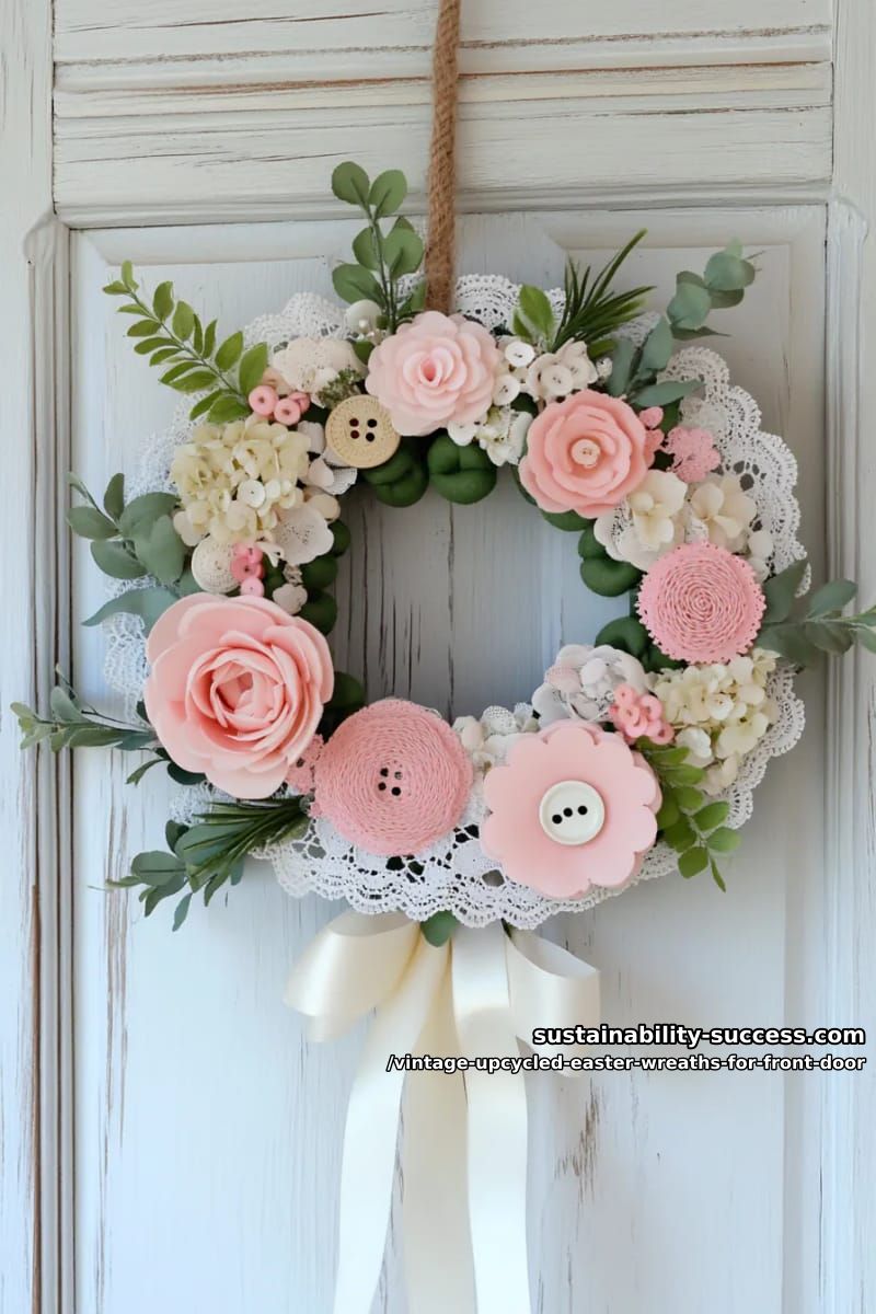 repurposed doilies and old buttons with spring faux greenery 1