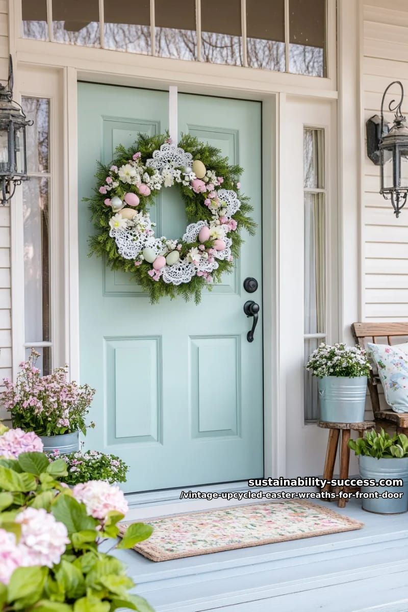 repurposed doilies and old buttons with spring faux greenery 1