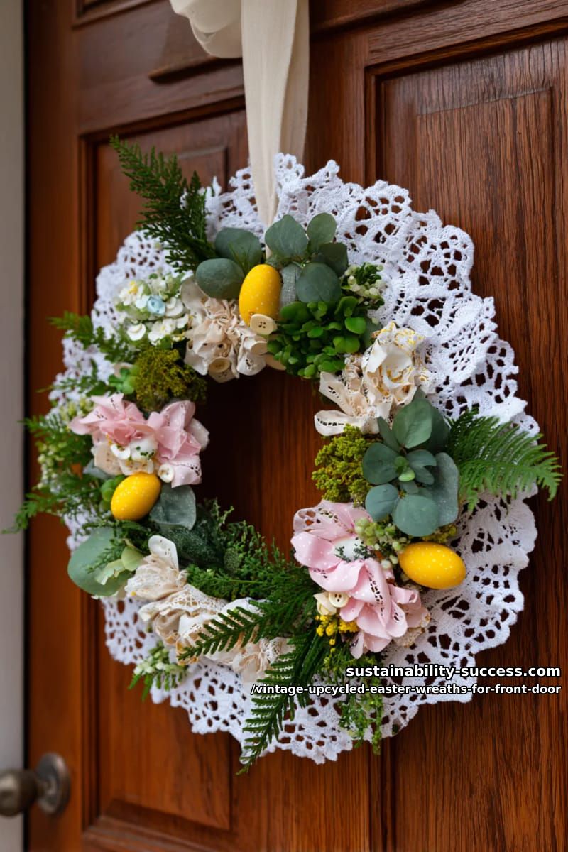 repurposed doilies and old buttons with spring faux greenery 1