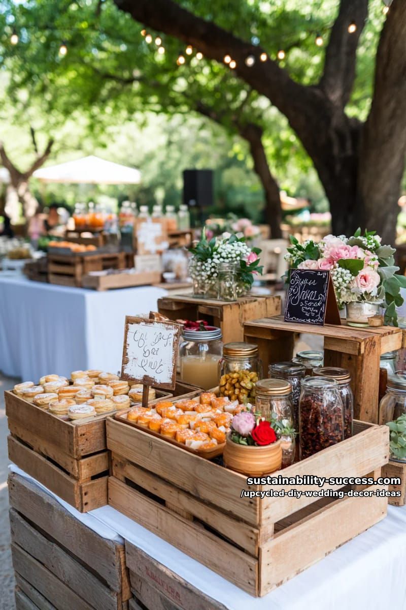 repurposed wooden crates stacked as dessert or favor display shelves 1