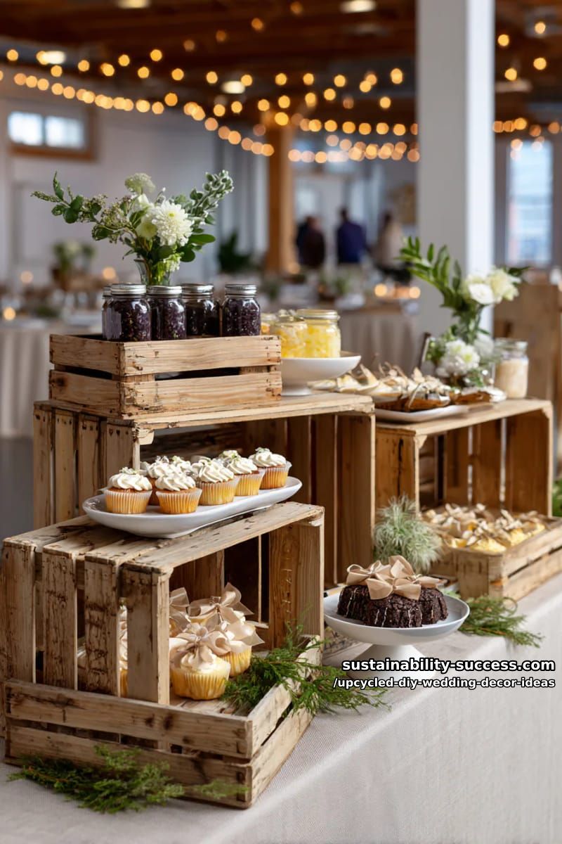 repurposed wooden crates stacked as dessert or favor display shelves 1