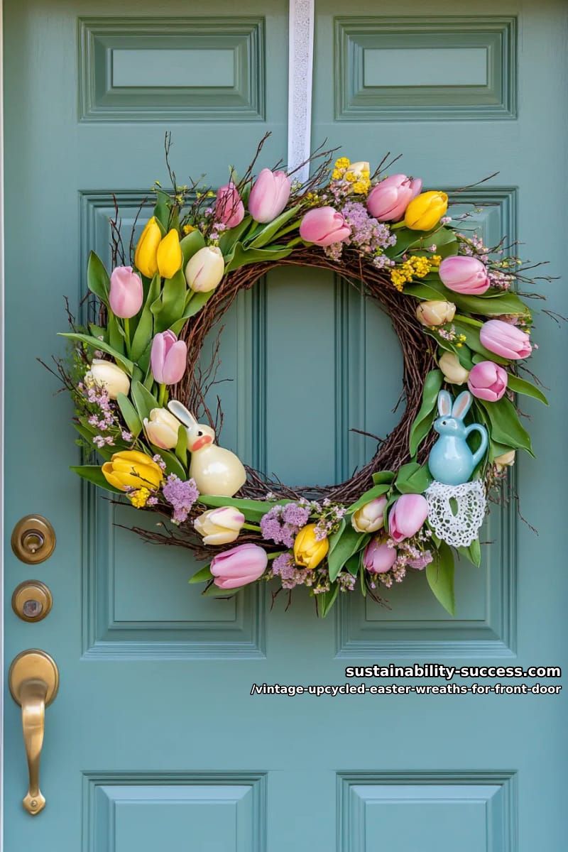 retro milk glass vase pieces arranged among faux tulips and grass 1