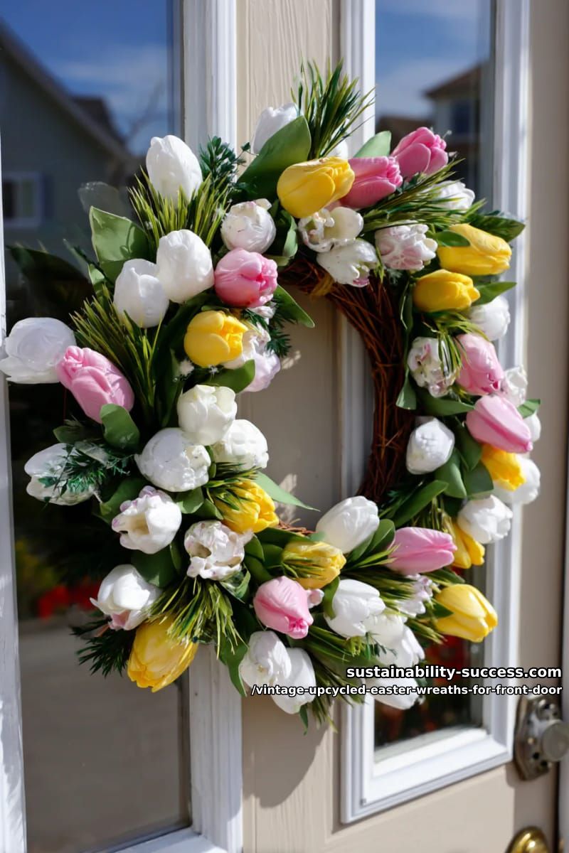 retro milk glass vase pieces arranged among faux tulips and grass 1