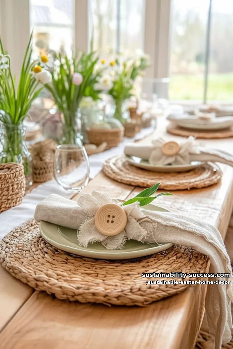 reusable fabric napkin rings with natural wood buttons and linen scraps 1