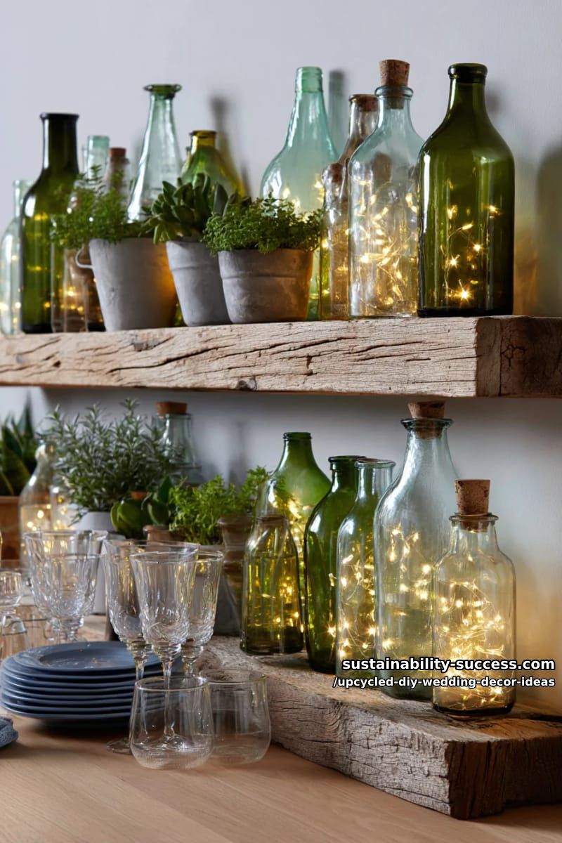 reused glass bottles with led string lights for glowing bar backdrops 1