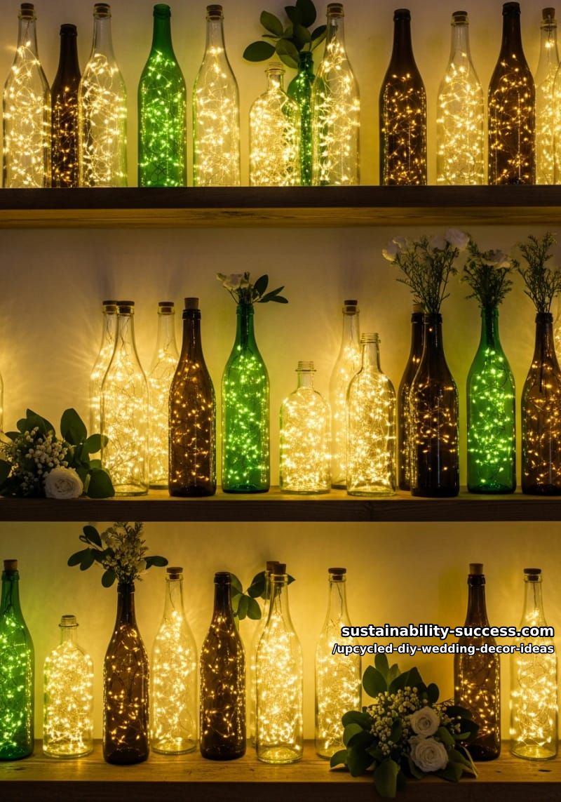 reused glass bottles with led string lights for glowing bar backdrops 1