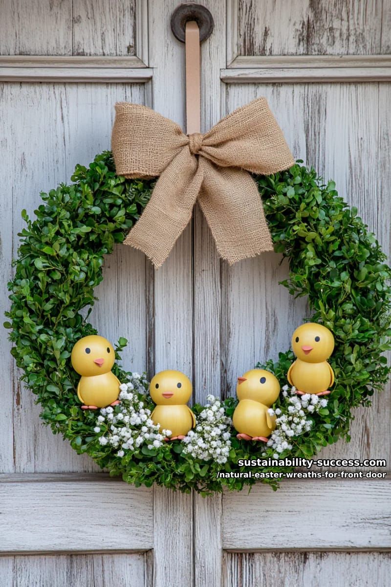 rustic boxwood ring with burlap bow and hand-painted wooden chicks 1