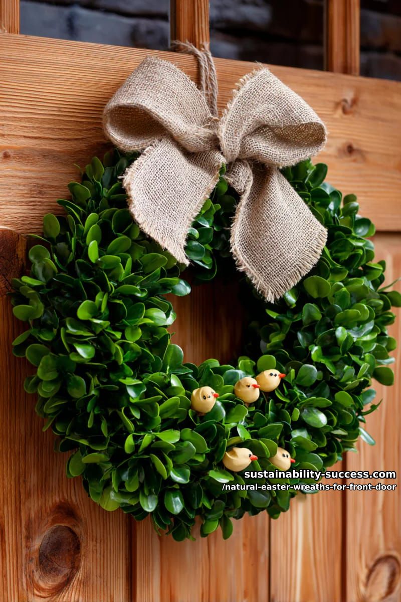 rustic boxwood ring with burlap bow and hand-painted wooden chicks 1