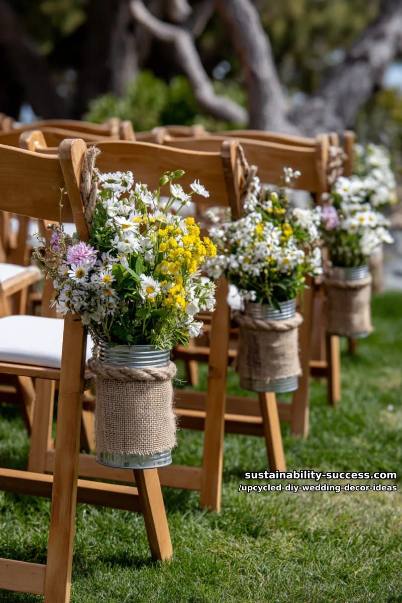 rustic burlap-wrapped tin cans hung on chairs for aisle flower décor 1