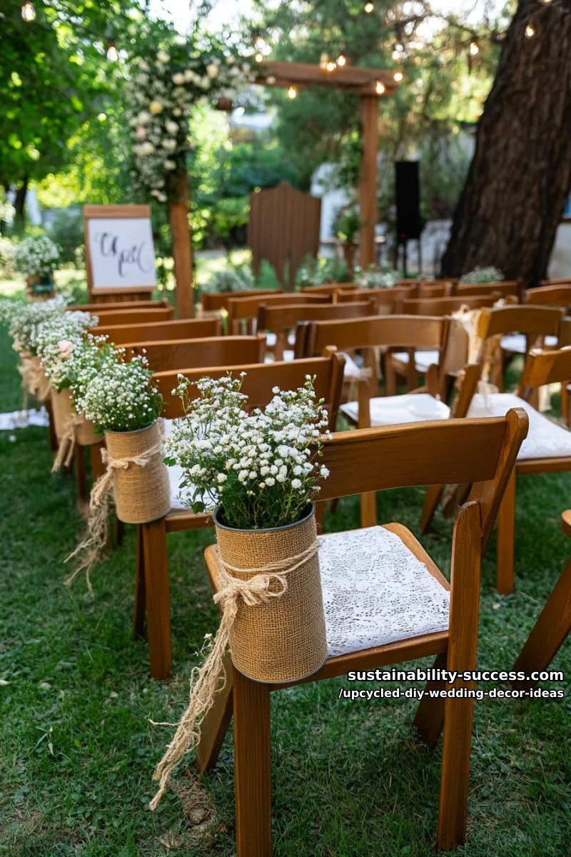 rustic burlap-wrapped tin cans hung on chairs for aisle flower décor 1