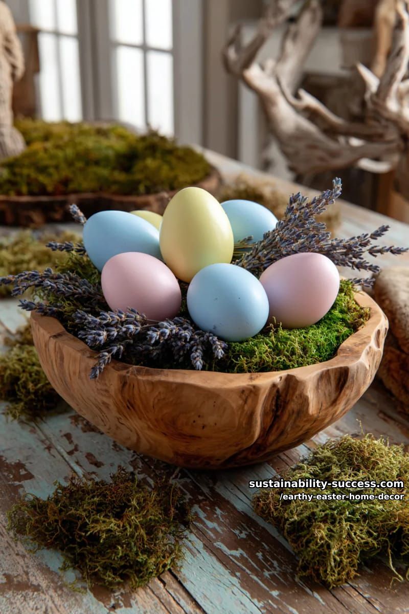 rustic dough bowls brimming with moss, painted eggs, and dried lavender 1
