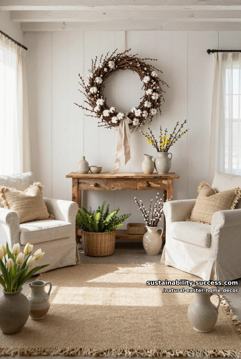 rustic grapevine wreath adorned with cotton, willow branches, and neutral ribbons 1