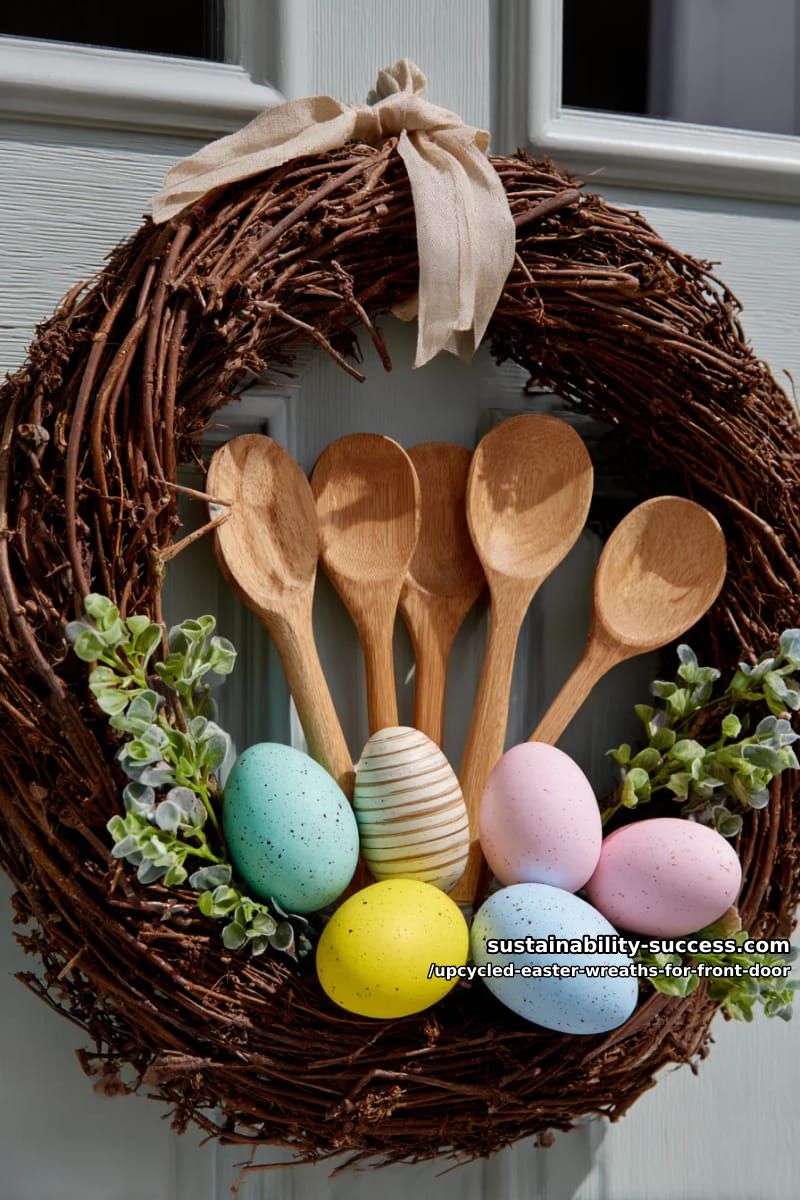 rustic grapevine wreath decorated with wooden spoons and painted eggs 1