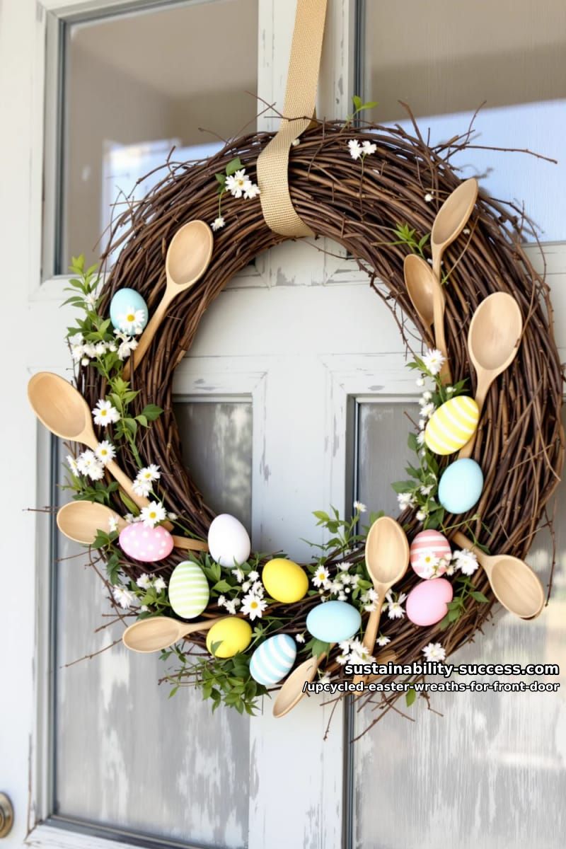 rustic grapevine wreath decorated with wooden spoons and painted eggs 1