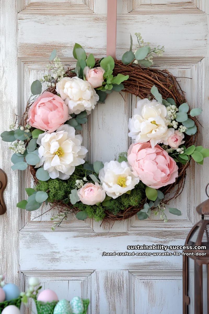 rustic grapevine wreath with blush silk peonies and mossy touches 1