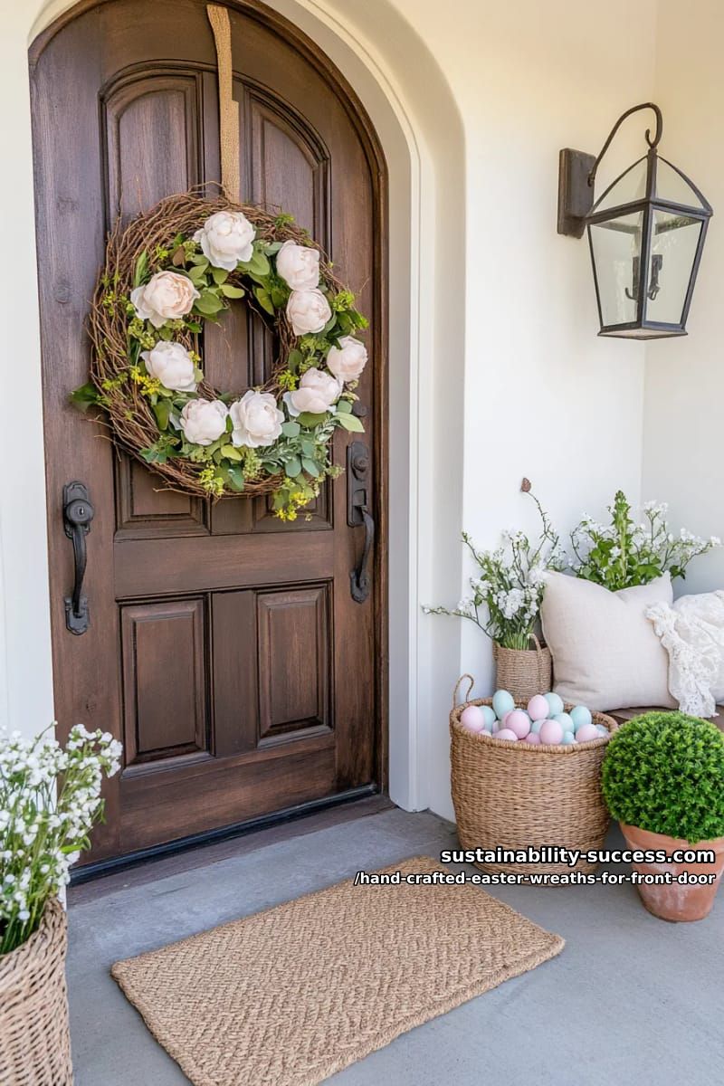 rustic grapevine wreath with blush silk peonies and mossy touches 1