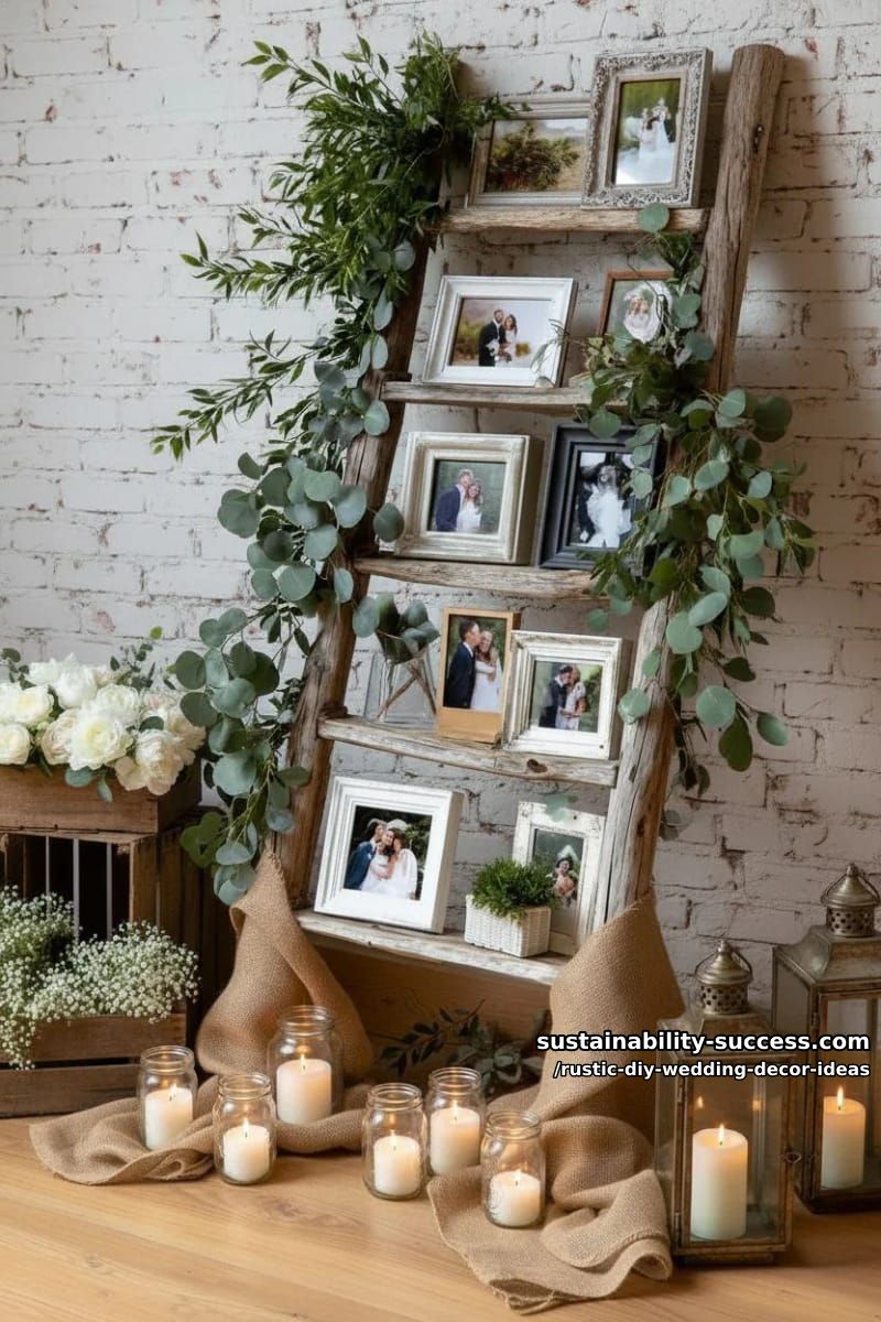 DIY And Crafts 7 rustic ladder display holding framed couple photos and greenery swags 8