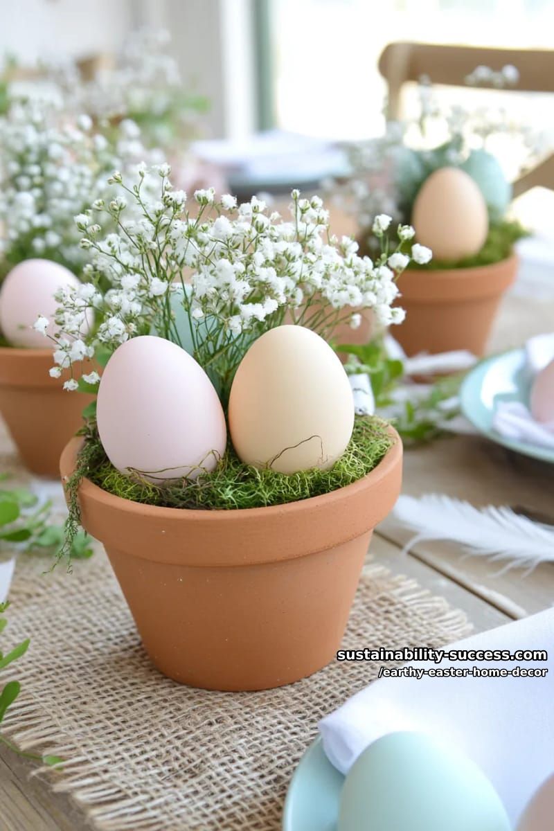 rustic terracotta pots with pastel-painted eggs and baby’s breath stems 1