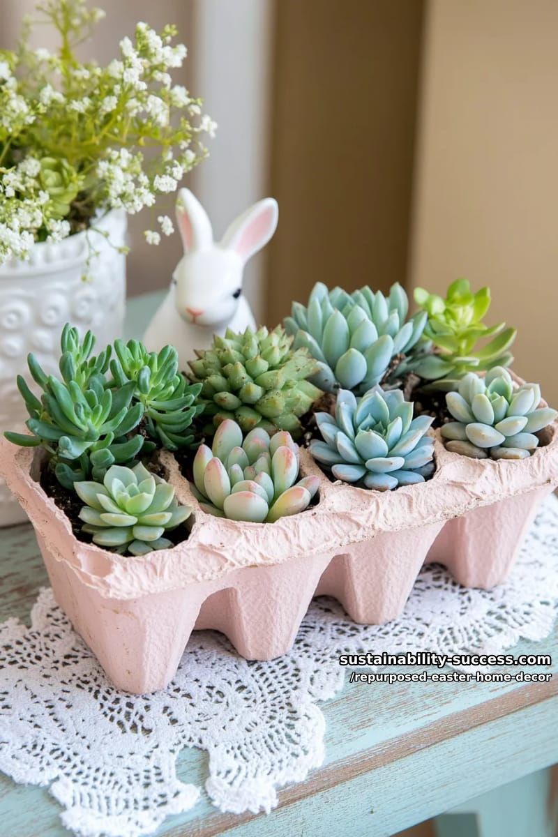 shabby chic egg cartons painted and filled with mini succulents 24