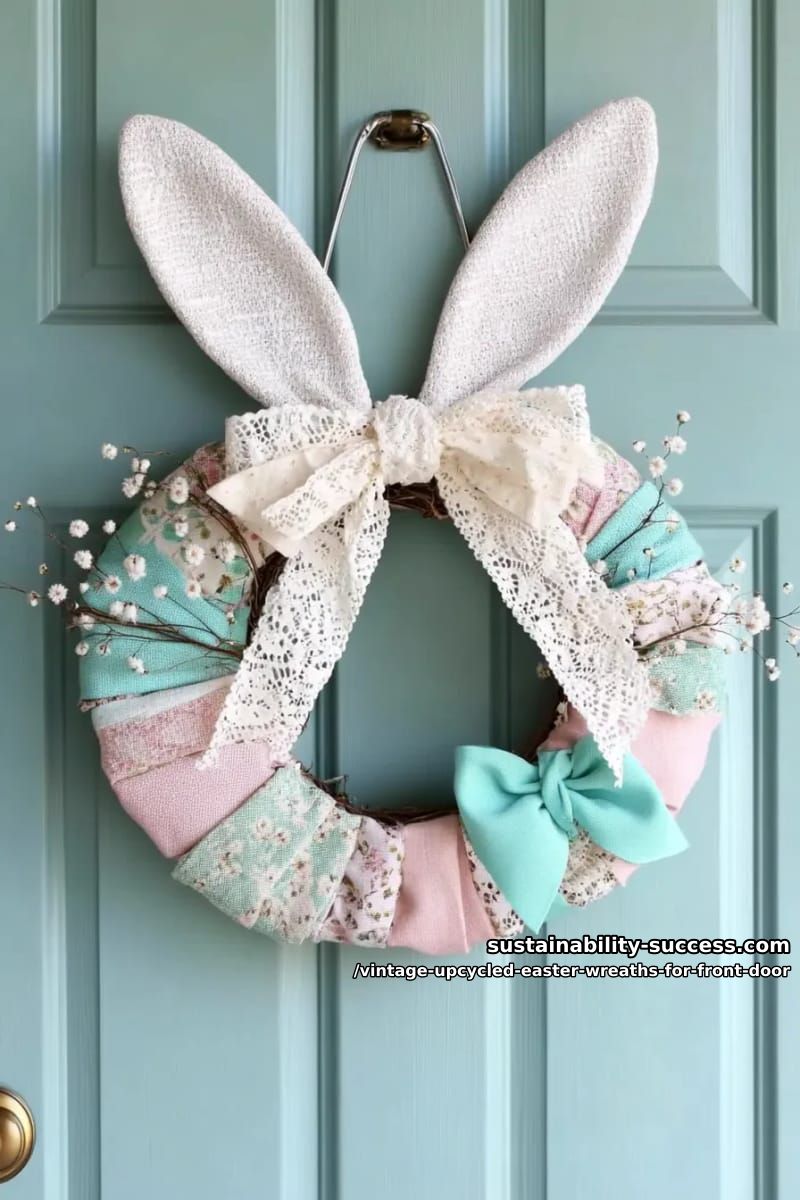 shabby chic fabric scraps and lace bow bunny ear wreath 1