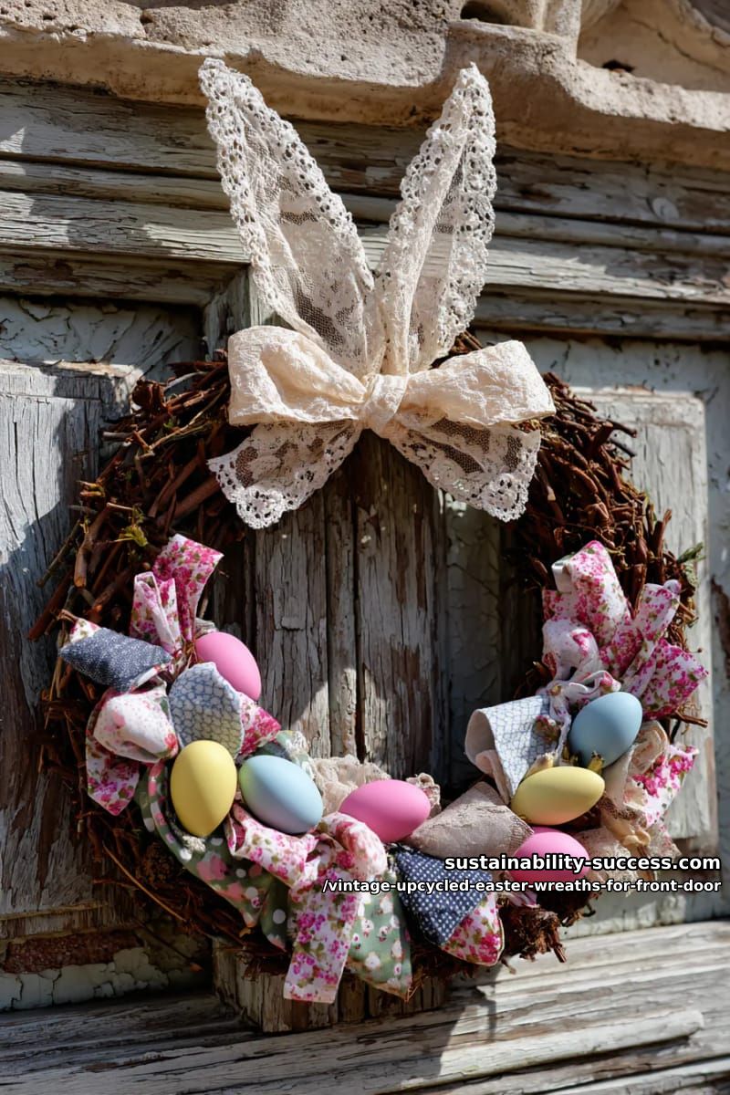 shabby chic fabric scraps and lace bow bunny ear wreath 1