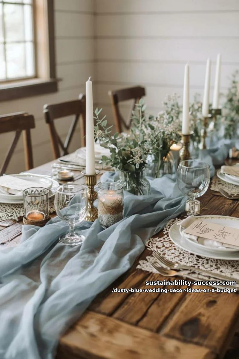 sheer dusty blue table runners draped over rustic wood tables 2