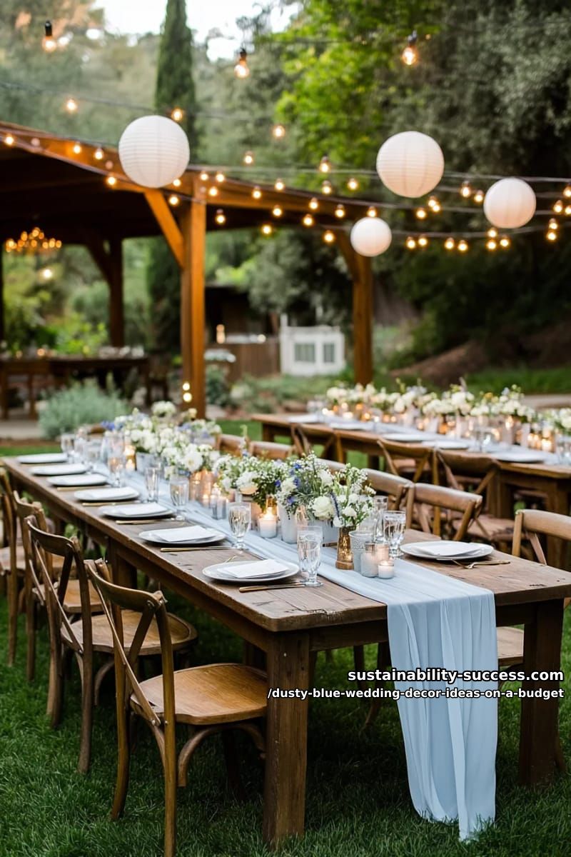 sheer dusty blue table runners draped over rustic wood tables 1