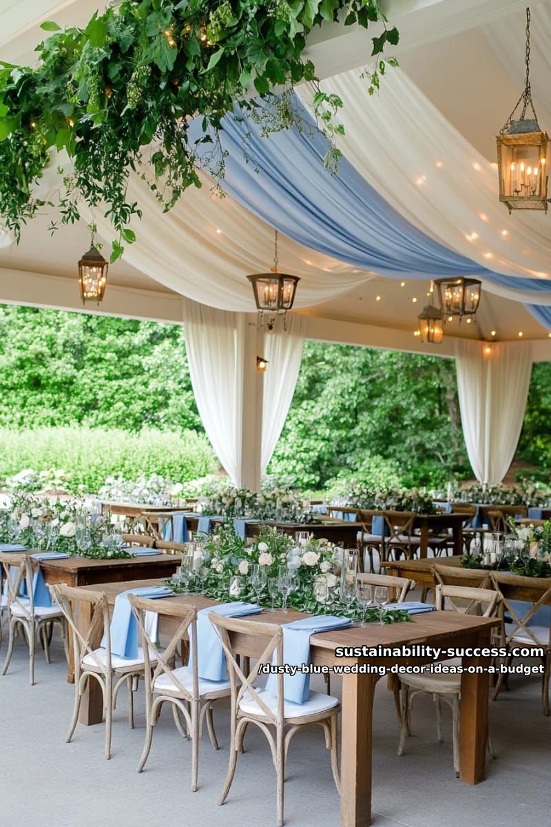 soft blue fabric draped from tent ceilings with fairy lights 1