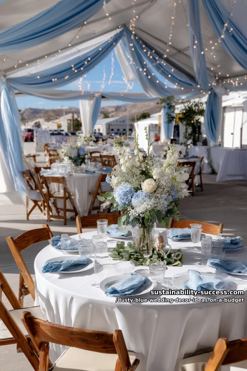 soft blue fabric draped from tent ceilings with fairy lights 1