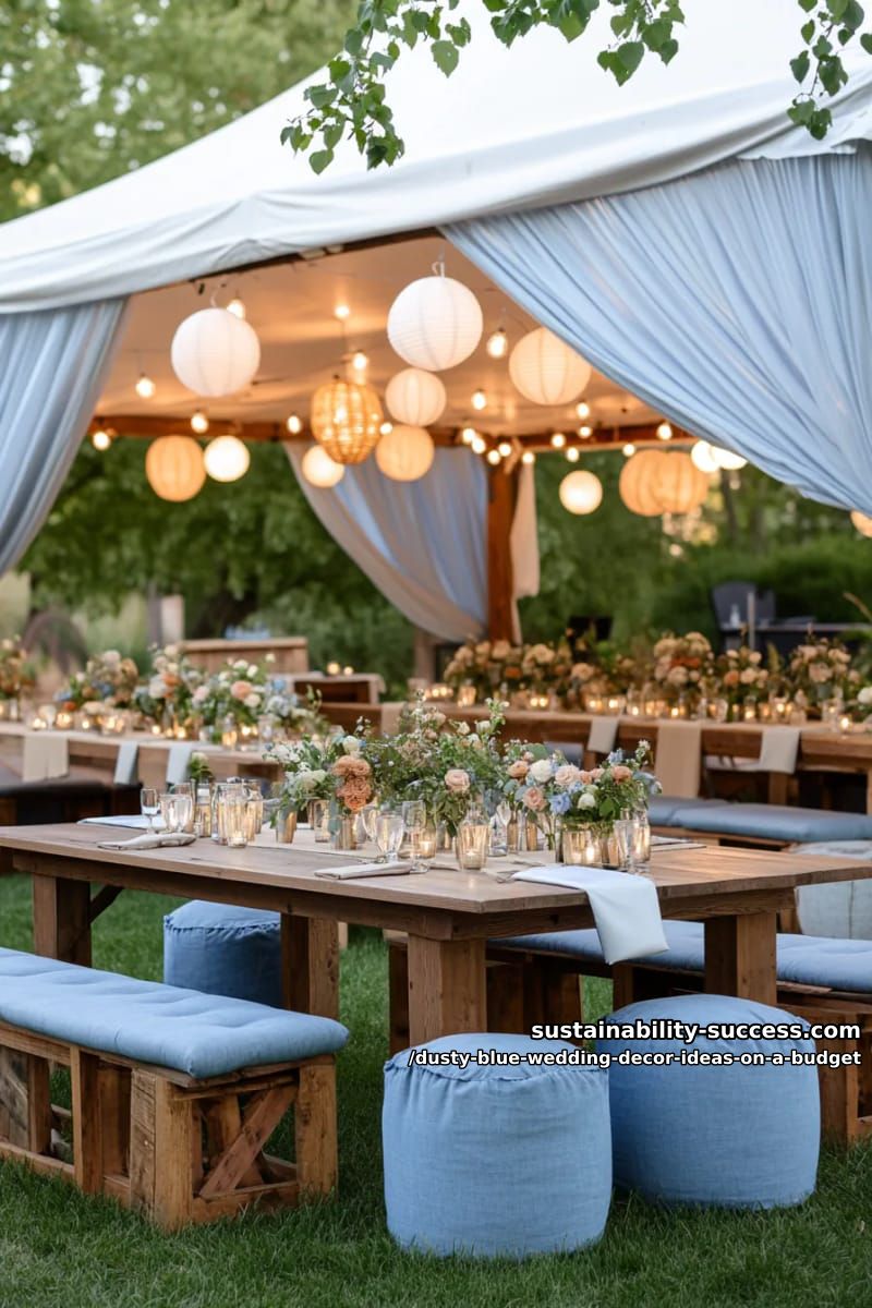 soft blue fabric draped from tent ceilings with fairy lights 1