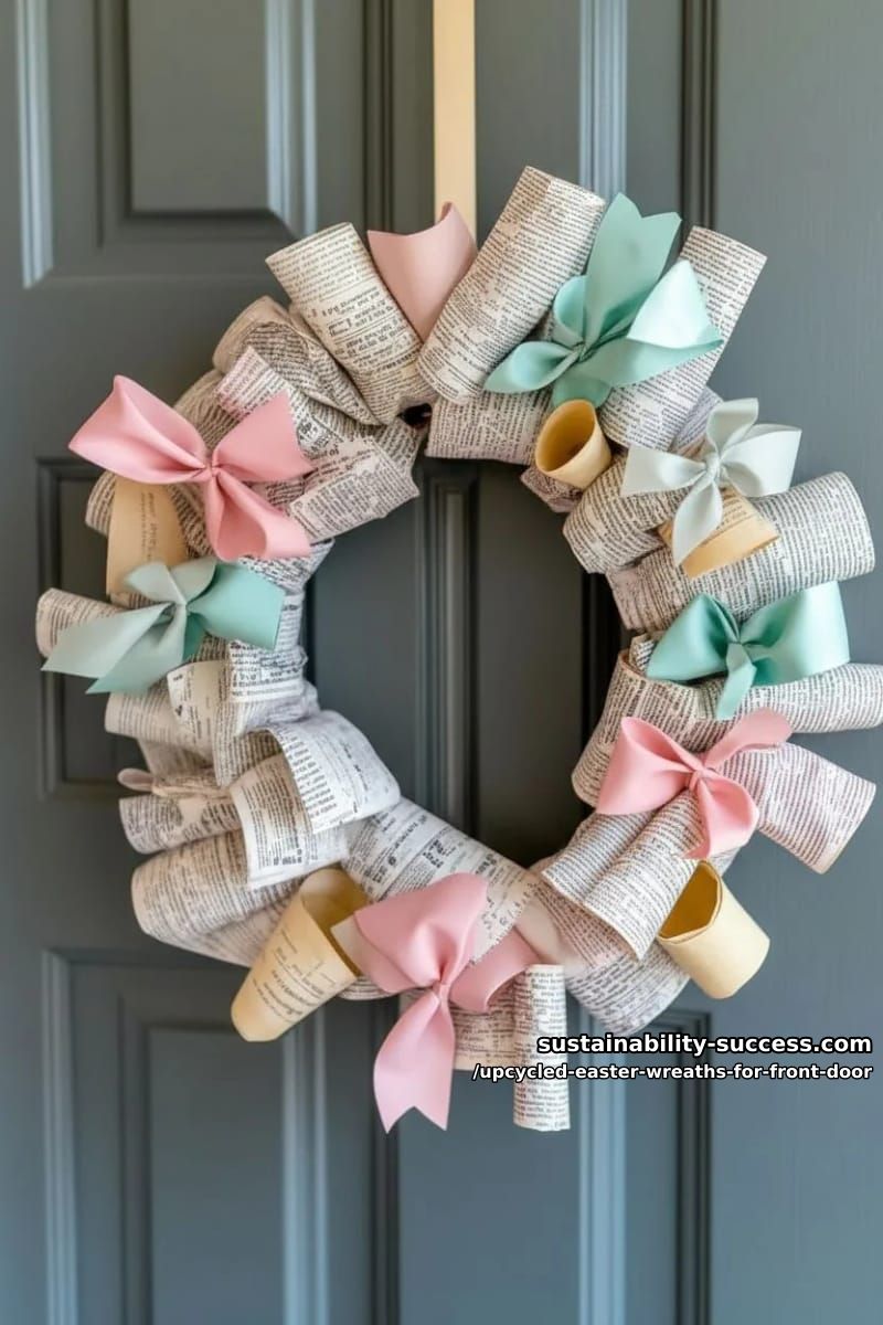 spring wreath made from twisted newspaper tubes and pastel ribbons 1