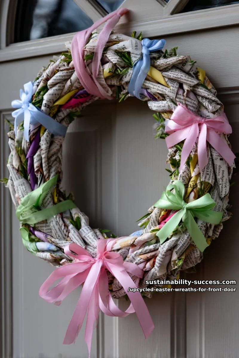 spring wreath made from twisted newspaper tubes and pastel ribbons 1