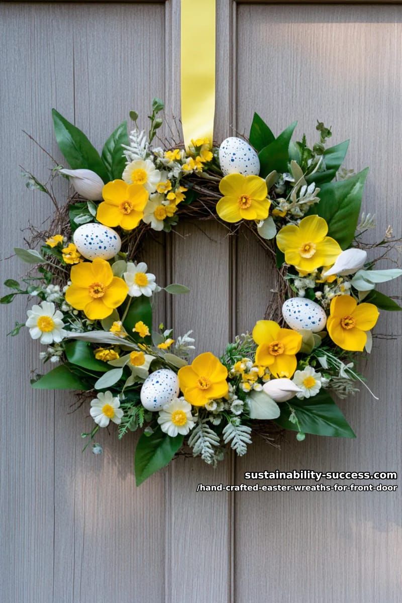 sunny yellow daffodil and pussy willow wreath for easter door decor 1