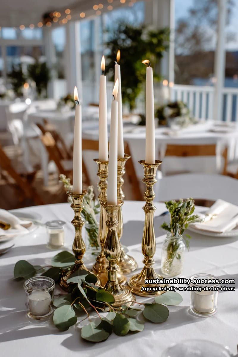 thrift store candlesticks spray-painted and clustered for centerpiece drama 1