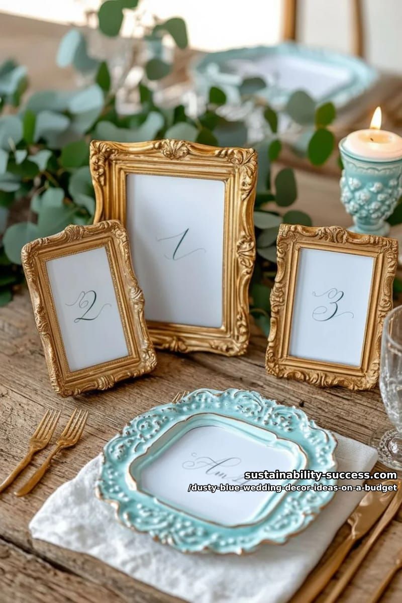 thrifted gold frames with blue signage for table numbers 1