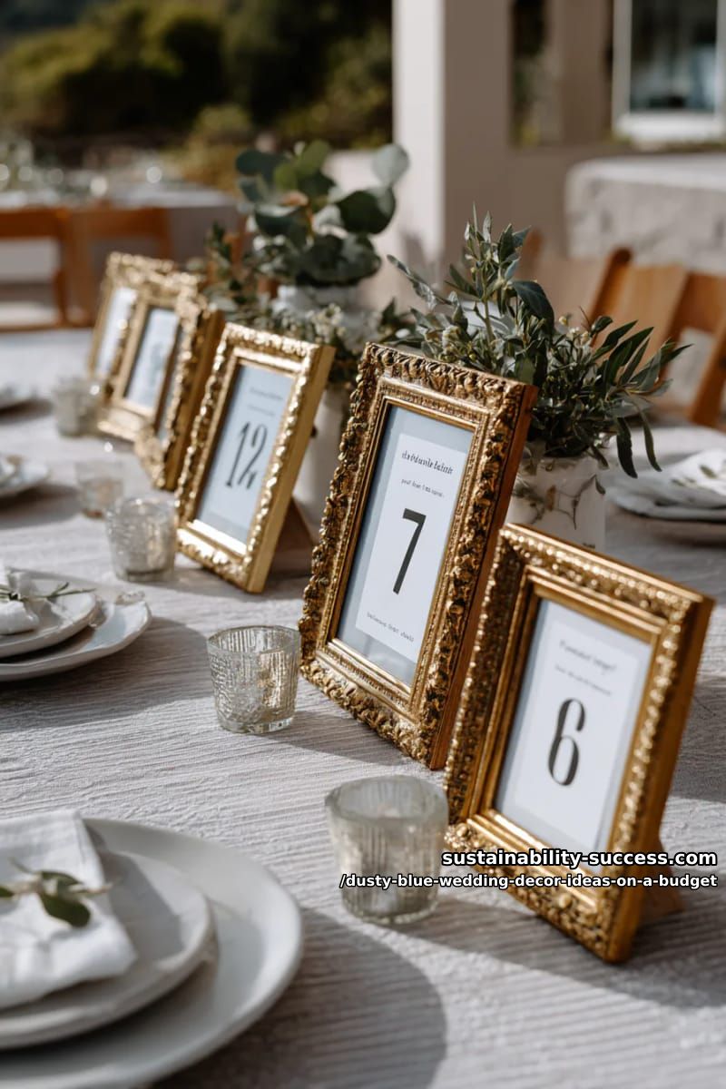 thrifted gold frames with blue signage for table numbers 1
