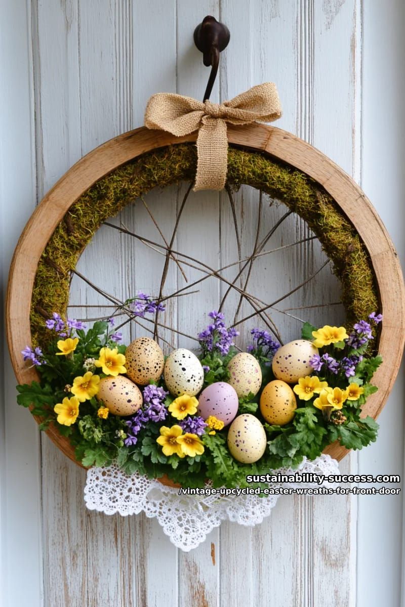 upcycled bicycle wheel decorated with moss, eggs, and wildflowers 1