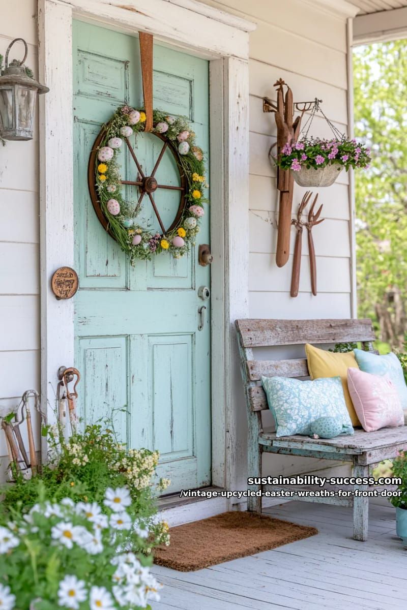 upcycled bicycle wheel decorated with moss, eggs, and wildflowers 1