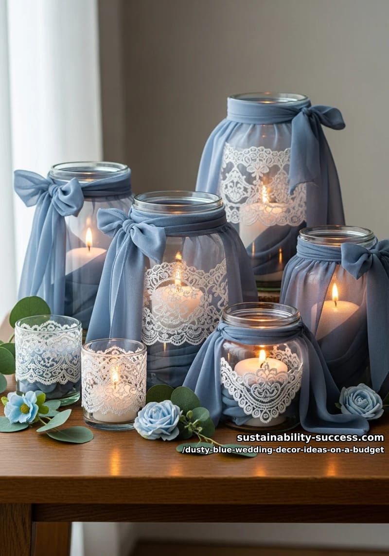 upcycled candle jars wrapped in dusty blue chiffon and lace 1
