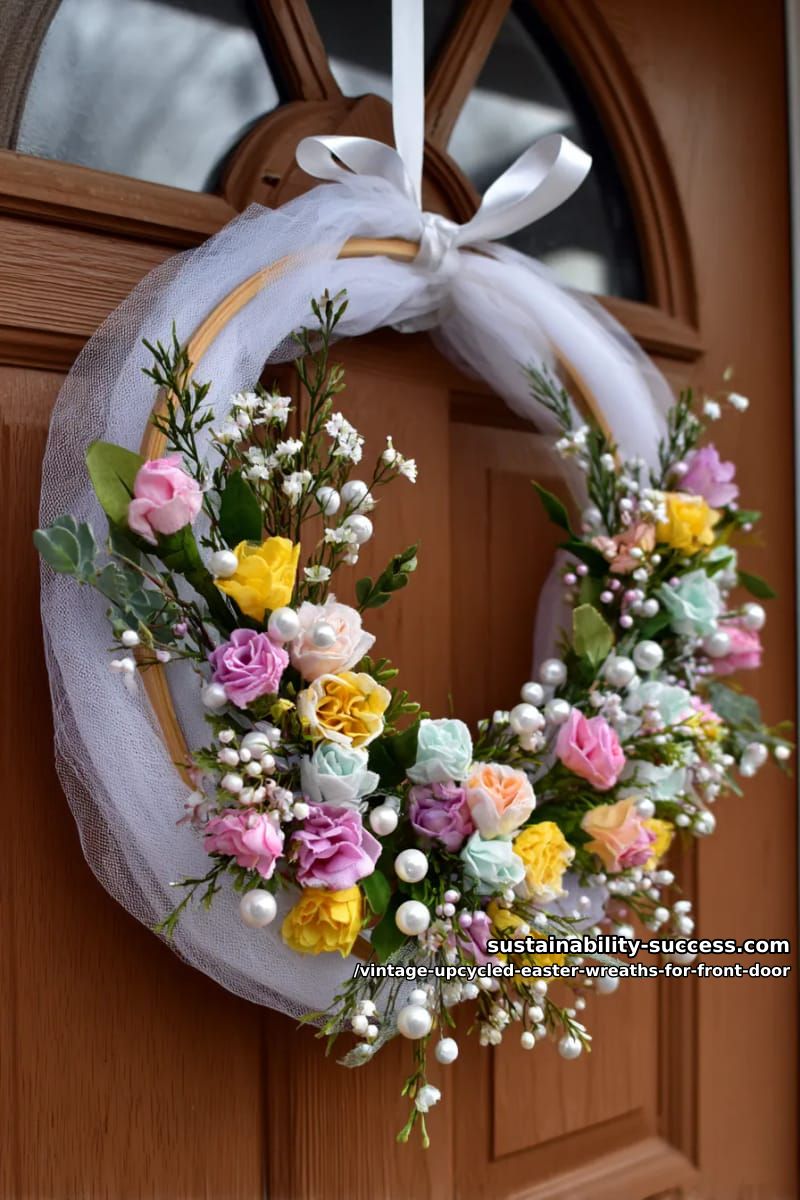 upcycled embroidery hoop with tulle, pearls, and pastel blooms 1