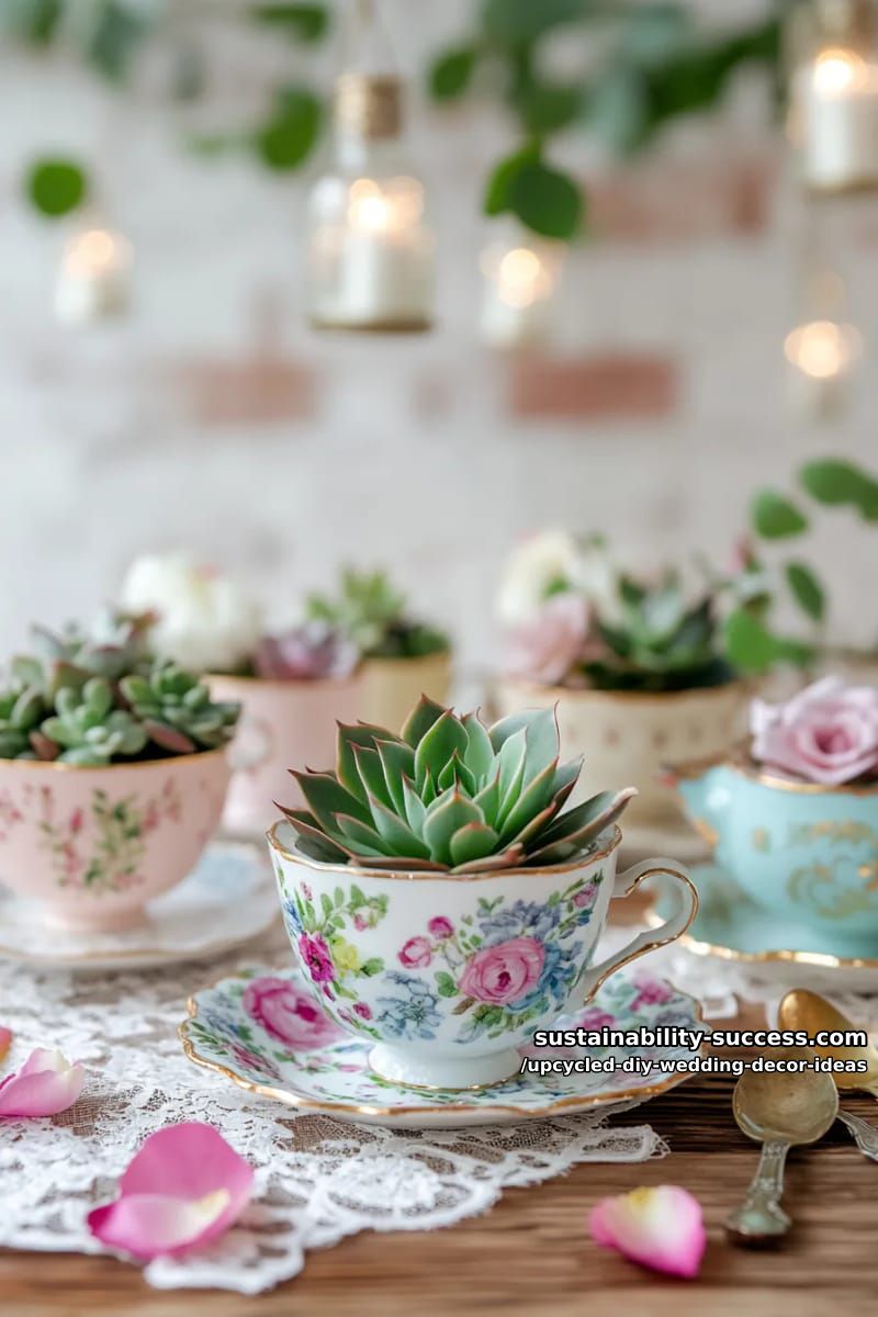 upcycled teacups as miniature succulent planters for wedding favors 1